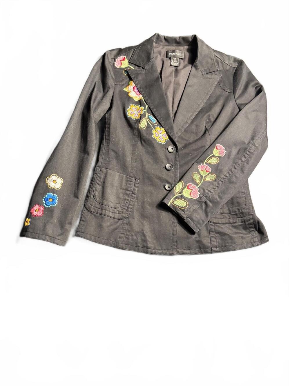 Y2K Focus 2000 Floral Embroidered Blazer Jacket Black Sz 4